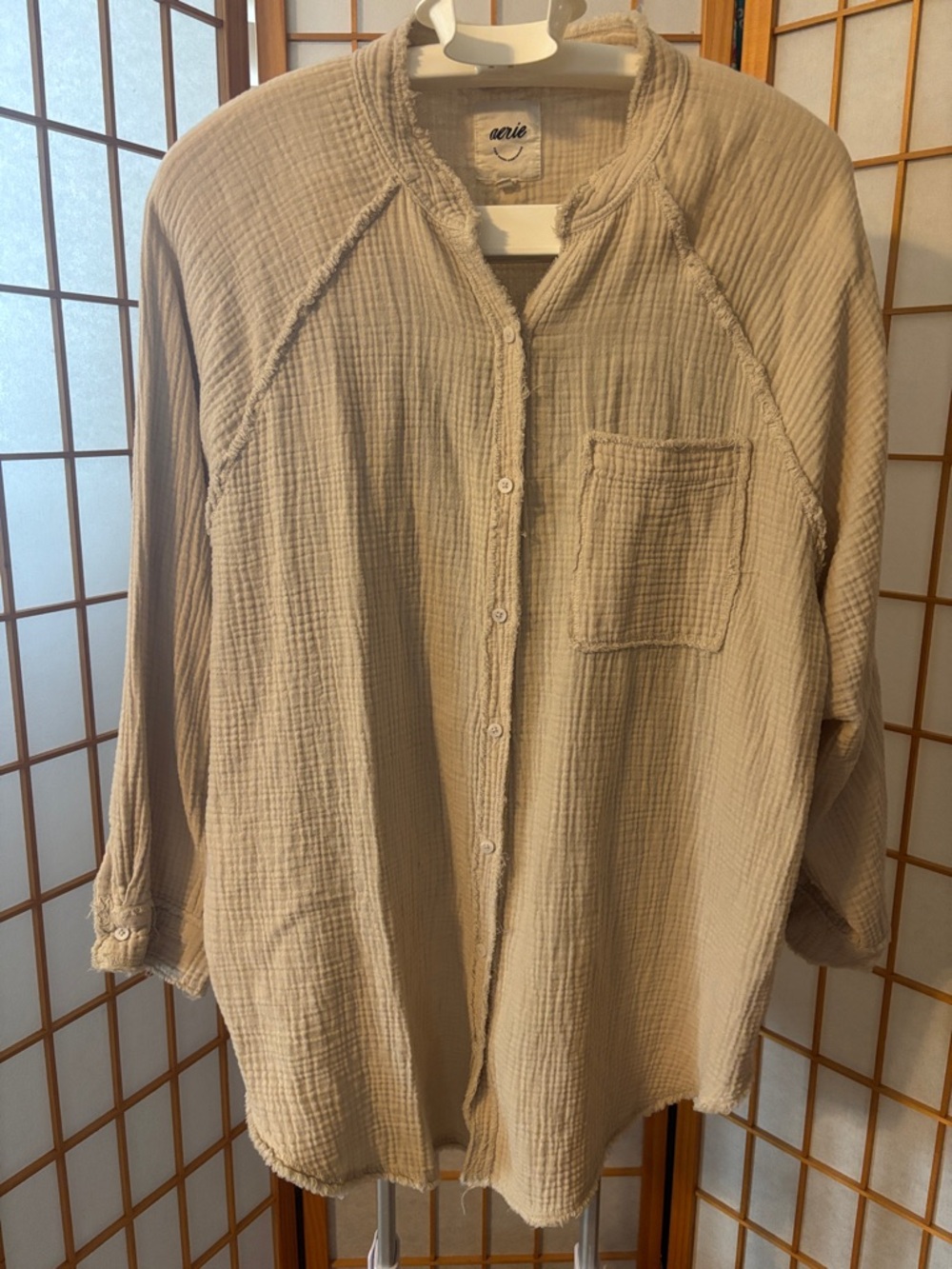aerie Beige/Tan Button-Down Gauze Shirt